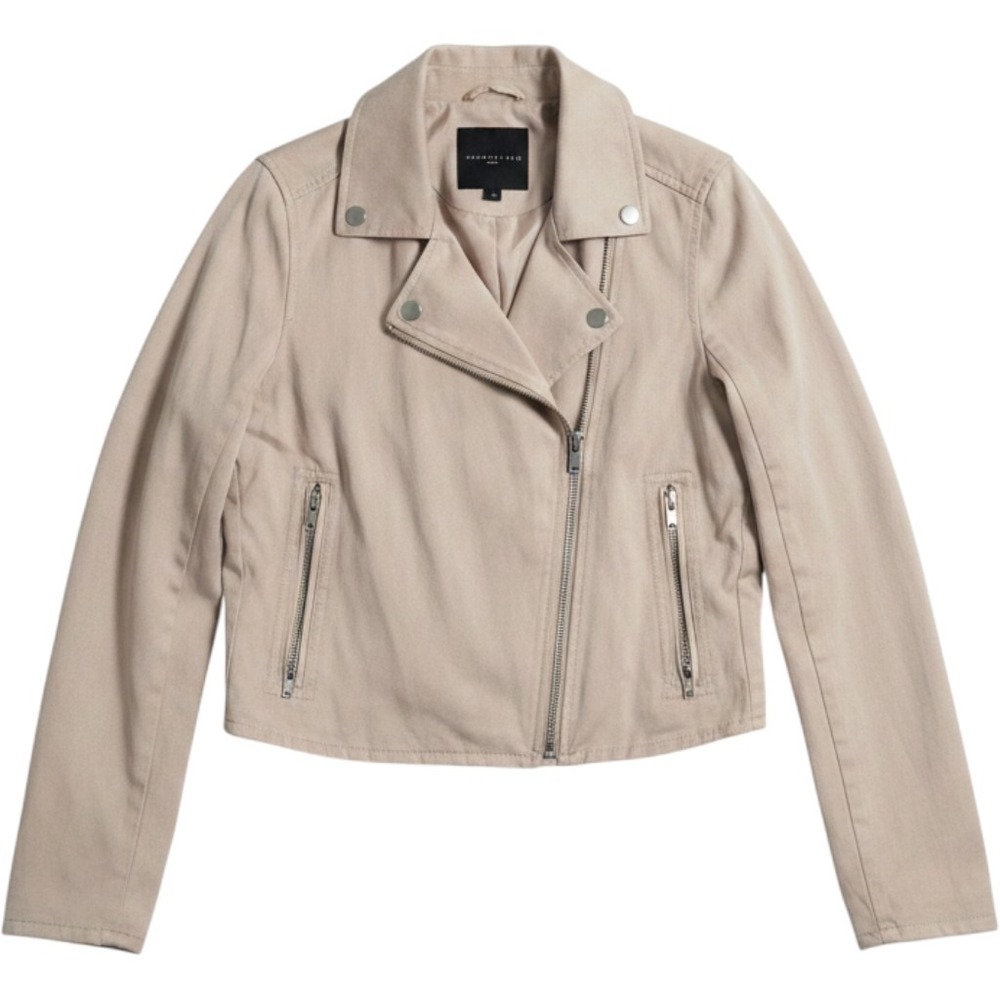 Abercrombie/Fitch Tan Twill Moto Jacket Womens XS Cropped Biker Streetwear Fall - Picture 5 of 6